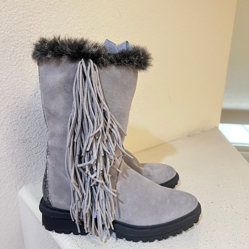Women's Sam‎ Edelman Tilden Suede Fringe Snakeskin Winter Gray Boots Booties  7
